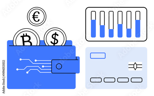 Digital wallet holding cryptocurrency and fiat coins with a credit card and analytics chart. Ideal for finance, e-commerce, fintech, online payments, investment, technology, and simple landing page