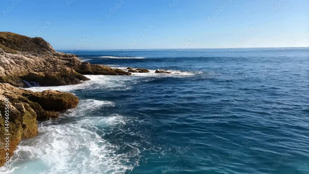 Rocky coast landscape with ocean waves crashing against shoreline rocks under clear blue skies in the summer Rocky coast landscape with ocean waves crashing against shoreline rocks under clear blue skies in the summer