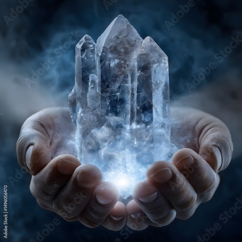Sparkling crystals held in a hand, ethereal glowing blue light, mystical atmosphere, perfect for fantasy-themed designs.