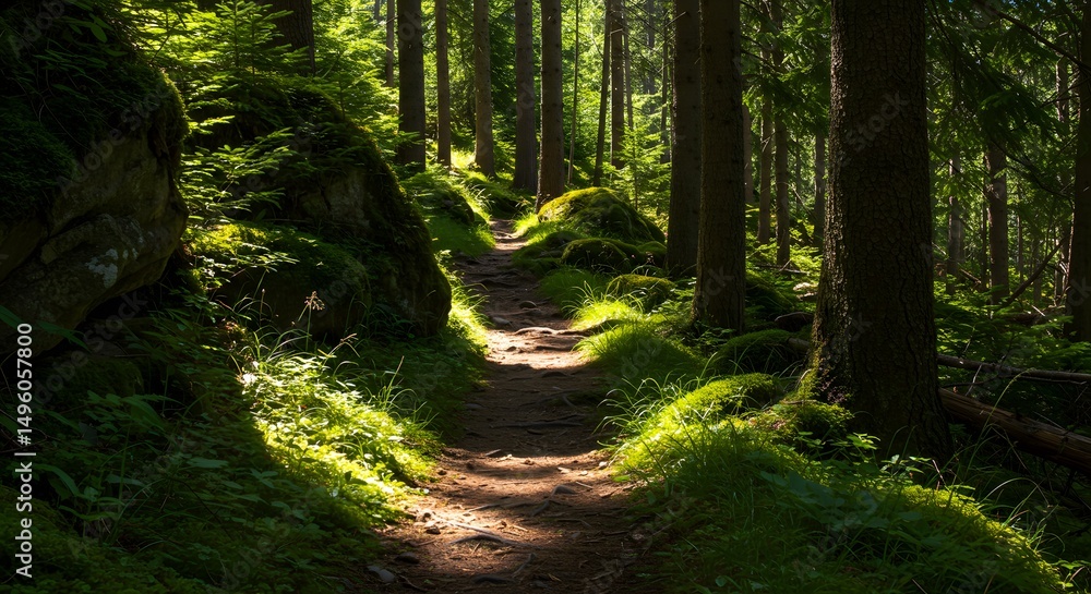 Sunlit Forest Path A Serene Hike Through Lush Green Woods Sunlit Forest Path A Serene Hike Through Lush Green Woods