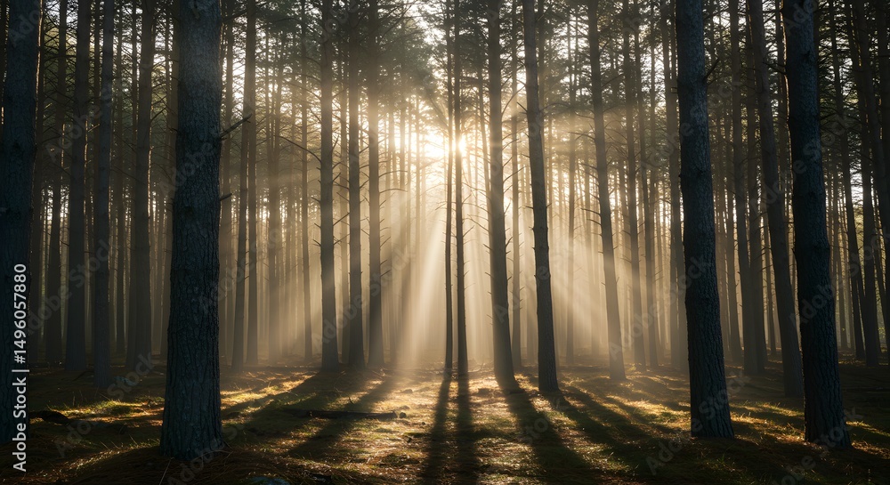 Obraz premium Sunbeams Filtering Through Misty Pine Forest at Dawn
