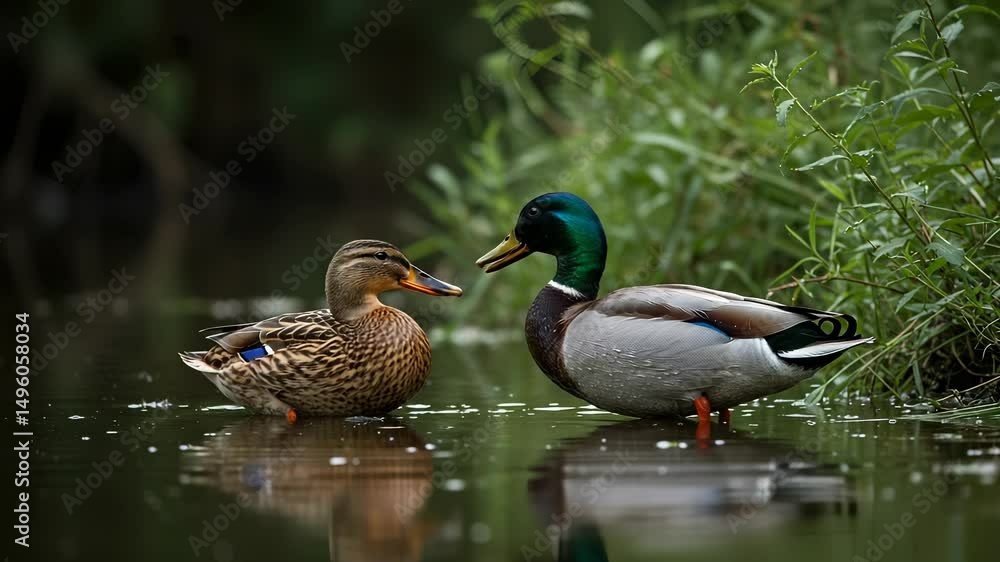 Two Mallard Ducks Swimming Peacefully on a River with Lush Greenery in Background Two Mallard Ducks Swimming Peacefully on a River with Lush Greenery in Background