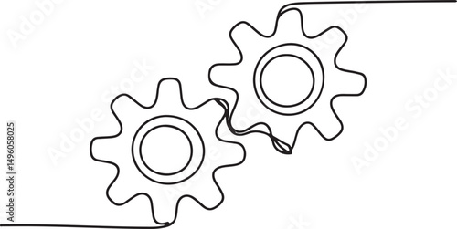 Interlocking gear wheels drawn in continuous one line style as a minimalist mechanical vector for industrial engineering design


