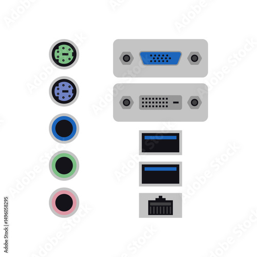 Realistic PC Ports and Connectors Icon Set — USB, HDMI, Ethernet, Audio