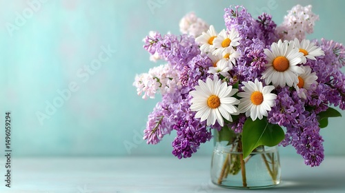 Wallpaper Mural   Bouquet of purple and white flowers in a blue and white table with a blue wall in the background Torontodigital.ca