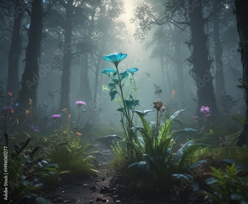 Glowing alien flora in holographic mist, eerie forest scene, bioluminescent, atmosphere, branches