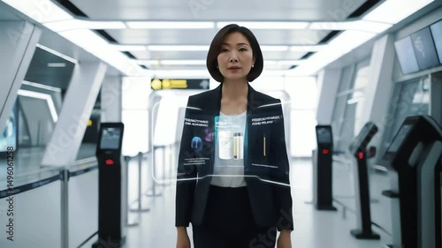 Futuristic airport scene with woman