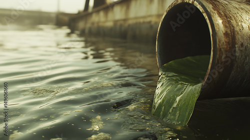Drainage pipe discharging into a body of water. The water flows. Pollution concern highlighted by greenish liquid. Rust on the pipe adds an aged feel.