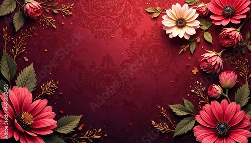 Bold floral damask, rich burgundy and gold accents, fabric, luxury