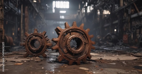 Rusting gears, dripping pipes in a derelict factory ,  shadowy,  grunge,  machinery parts
