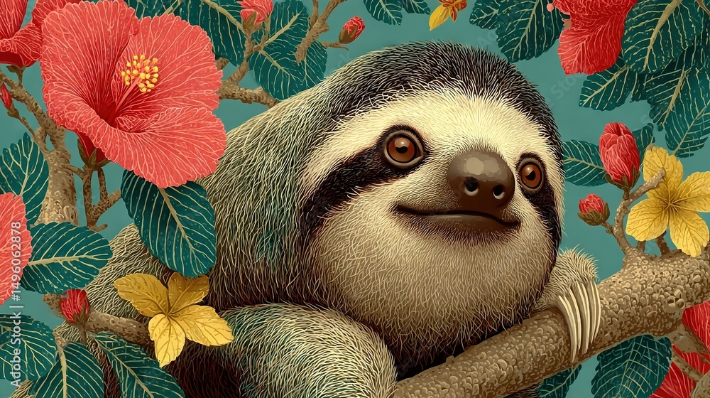 Fototapeta premium A Sloth in a Tree - An oil painting featuring a languid sloth perched on a branch, surrounded by vibrant red and yellow flowers against a serene green back
