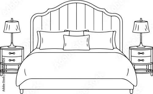 Vector art of Illustration of a bedroom interior featuring a bed with pillows, lamps, and nightstands isolated on white background