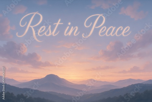 Wallpaper Mural Rest In Peace Text Over Soft Sunset Sky And Mountains Torontodigital.ca