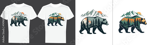 Bear Tee Design: A majestic bear illustration graces a simple tee shirt, showcasing a stunning design with the animal traversing a scenic forest landscape against a backdrop of sunlit mountains.