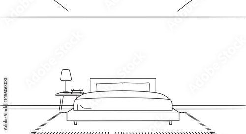 Vector art of Bedroom interior featuring a bed, nightstand with lamp and books, and a rug, all depicted in a minimalist line drawing isolated on white background