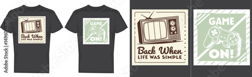 T-shirt designs with vintage theme: Graphic design concept showcasing a vintage t-shirt featuring a retro television image that says "Back when life was simple," evoking nostalgia.