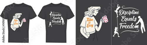Artistic Tee Design: Striking t-shirt design. Featuring a woman looking and a creative composition of text and illustration, conveying a message of calm and discipline.