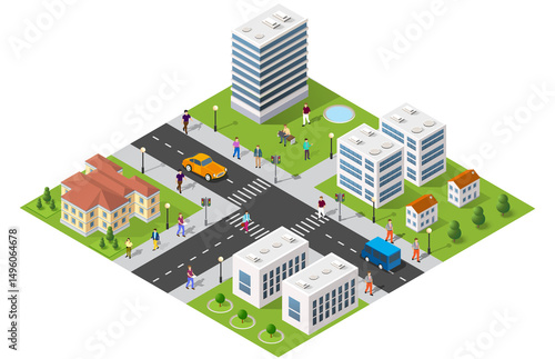 Citizens walking and driving in modern isometric city with skyscrapers