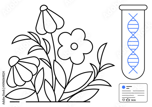 Flowers with leaves alongside a DNA helix in a test tube and a social media interface. Ideal for biology, genetics, sustainability, innovation, plant science, biotechnology, simple landing page
