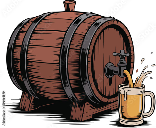 Vector art of Illustration of a wooden barrel pouring beer into a mug isolated on white background, perfect for brewery or pub related designs