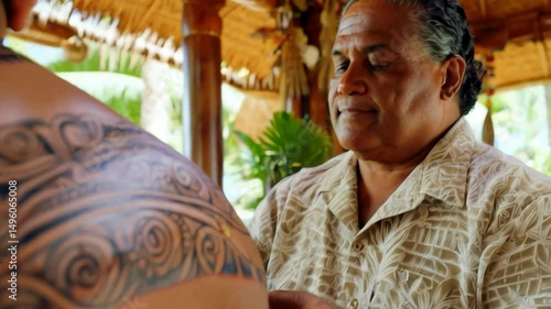 Close up of a Man's Upper Back and Shoulder with Intricate Tribal Polynesian Tattoo Art