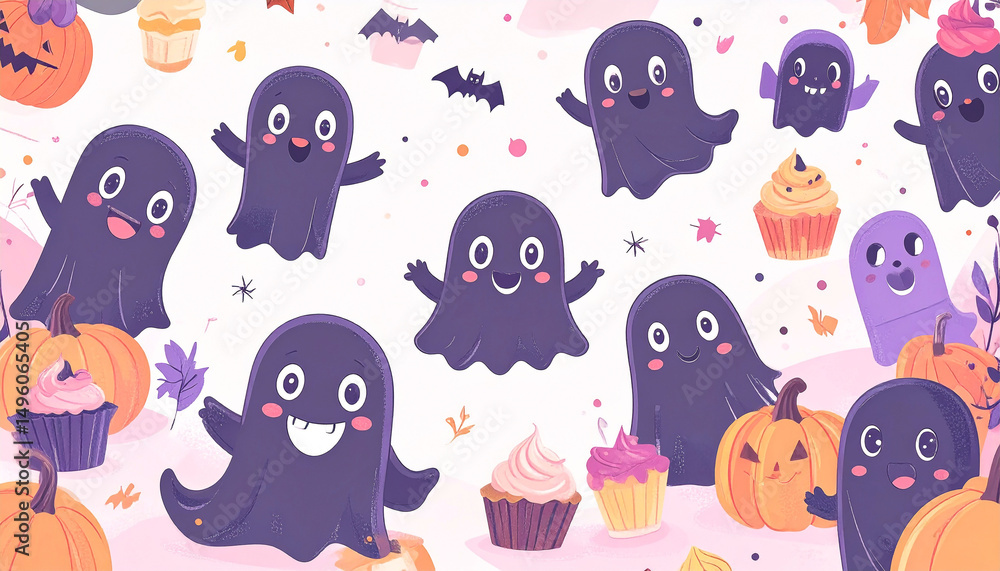 Fototapeta premium A whimsical Halloween pattern featuring cute, dark-purple ghosts, jack-o'-lanterns, cupcakes, and autumn leaves on a white background