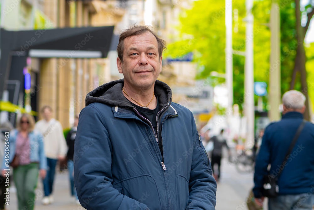 Obraz premium Portrait of an adult man aged 50-55 in a blue jacket standing on a busy city street, against a blurred background of passers-by and buildings.