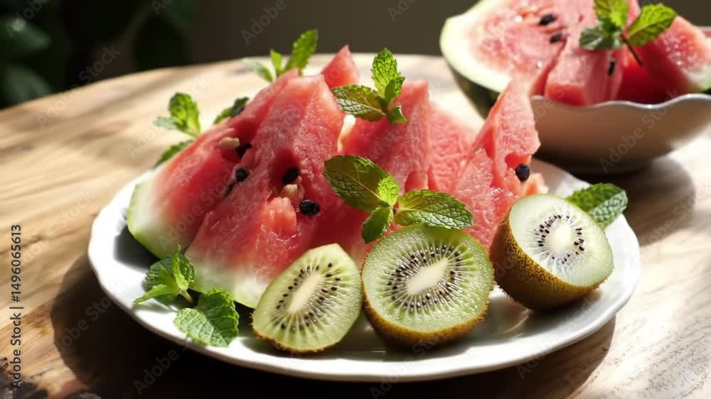 Delicious Watermelon And Kiwi Plate With Mint For Dessert Concept Delicious Watermelon And Kiwi Plate With Mint For Dessert Concept