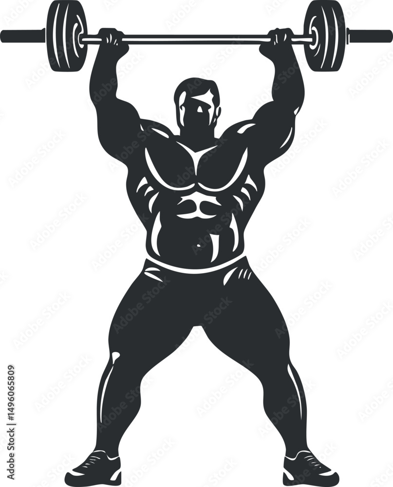 Silhouette of a muscular man lifting a heavy barbell overhead in weightlifting competition Silhouette of a muscular man lifting a heavy barbell overhead in weightlifting competition