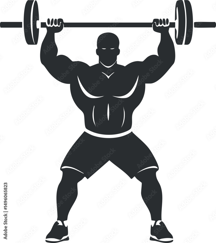 Fototapeta premium Silhouette of a muscular man lifting a barbell overhead demonstrating strength and fitness