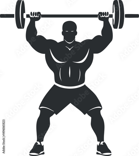 Silhouette of a muscular man lifting a barbell overhead demonstrating strength and fitness