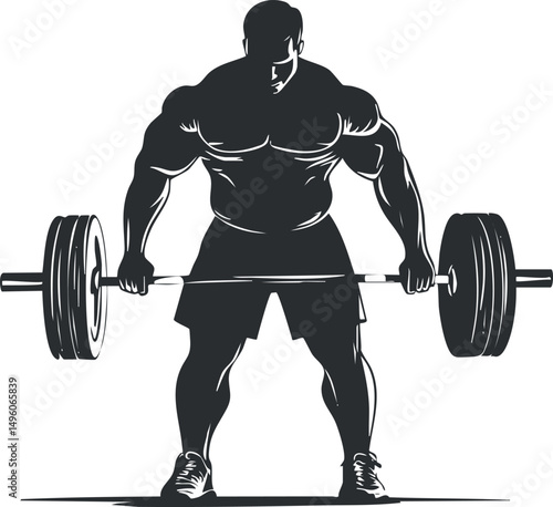 Silhouette of a muscular man performing a deadlift exercise with a heavy barbell for strength training