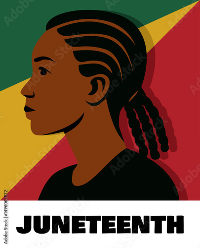 Juneteenth celebration vector of African American woman with braided hair in profile over Pan-African flag colors, symbol of freedom, history, and Black culture