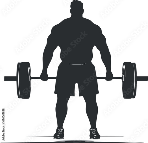 Silhouette of a muscular man performing a deadlift exercise with a heavy barbell in gym workout