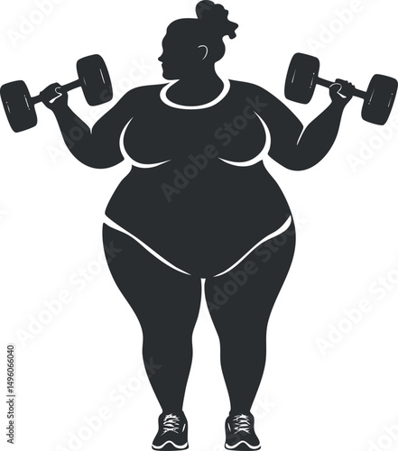 Silhouette of a plus size woman lifting dumbbells during a fitness workout for strength and health