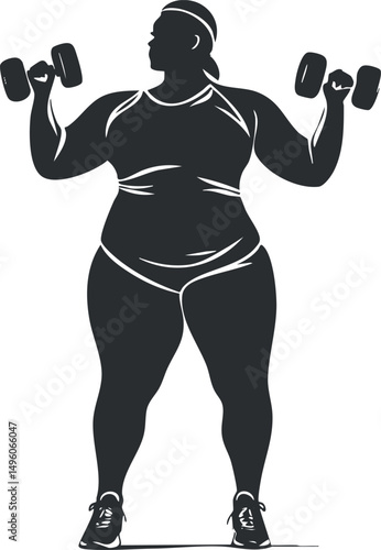 Silhouette of a plus size woman lifting dumbbells during a fitness workout session at gym