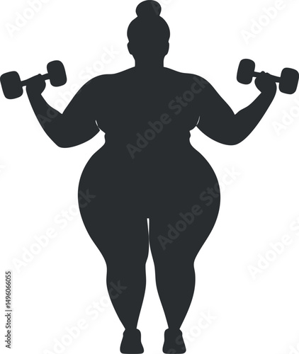 Silhouette of a plus size woman lifting dumbbells for strength and fitness training workout