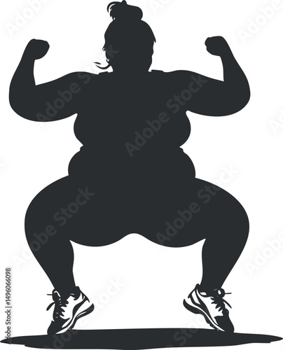 Silhouette of a plus size woman flexing muscles in an athletic squat pose wearing sneakers