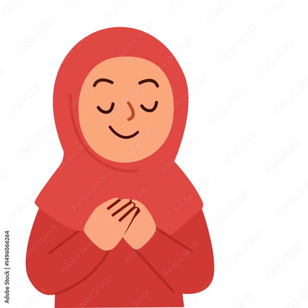 Smiling Muslim woman wearing red hijab with hands crossed over chest showing gratitude, peace, and humility in modern flat cartoon vector style Smiling Muslim woman wearing red hijab with hands crossed over chest showing gratitude, peace, and humility in modern flat cartoon vector style