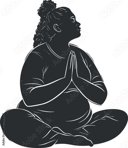 Silhouette illustration of a pregnant woman sitting cross-legged in a yoga meditation pose with hands in prayer position.
