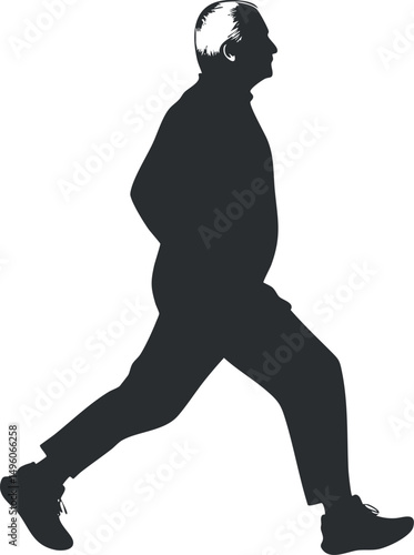 Silhouette of an elderly man walking with a confident posture in casual clothing on white background