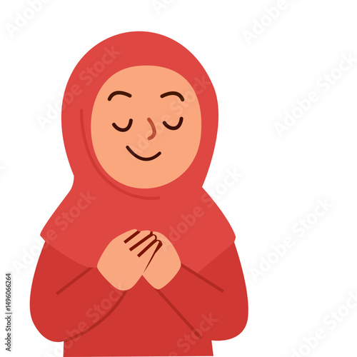 Smiling Muslim woman wearing red hijab with hands crossed over chest showing gratitude, peace, and humility in modern flat cartoon vector style