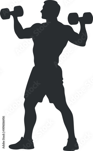 Silhouette of a muscular man lifting dumbbells in a fitness workout for strength training and bodybuilding