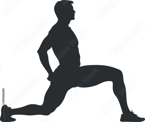 Silhouette of a man performing a stretching lunge exercise for fitness and flexibility training