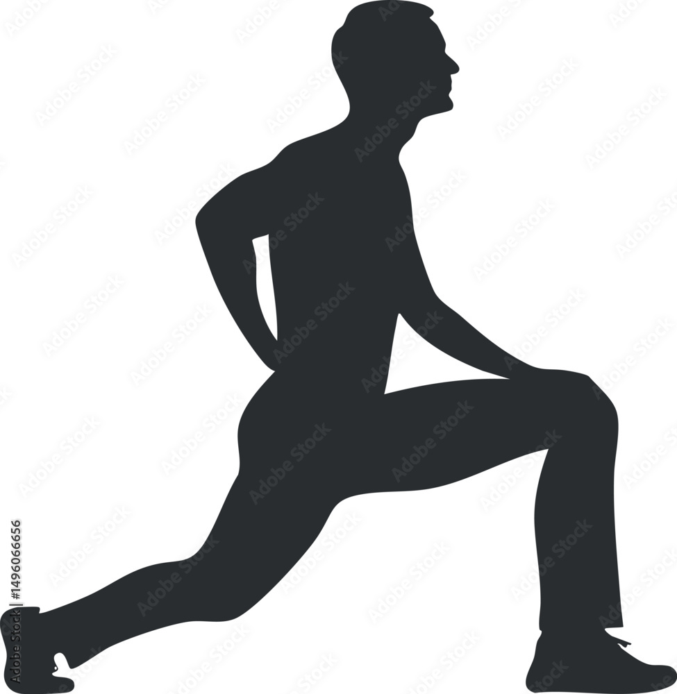 Silhouette of a man performing a stretching lunge exercise for fitness and flexibility. Silhouette of a man performing a stretching lunge exercise for fitness and flexibility.