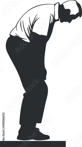 Silhouette illustration of a tired man bent over, showing exhaustion and fatigue on white background