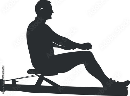 Silhouette of a person using a rowing machine for indoor fitness and cardio workout exercise