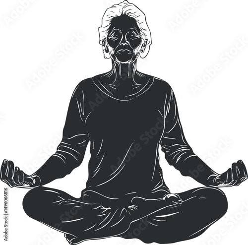 Older woman practicing seated meditation in lotus position focusing on relaxation and mindfulness