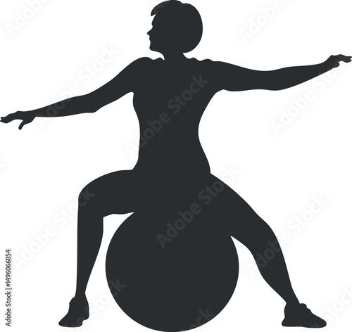 Silhouette of a woman balancing and stretching on a fitness gym ball in workout pose
