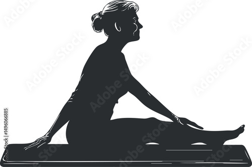 Silhouette of a woman performing a seated yoga stretch on a fitness mat for wellness and flexibility